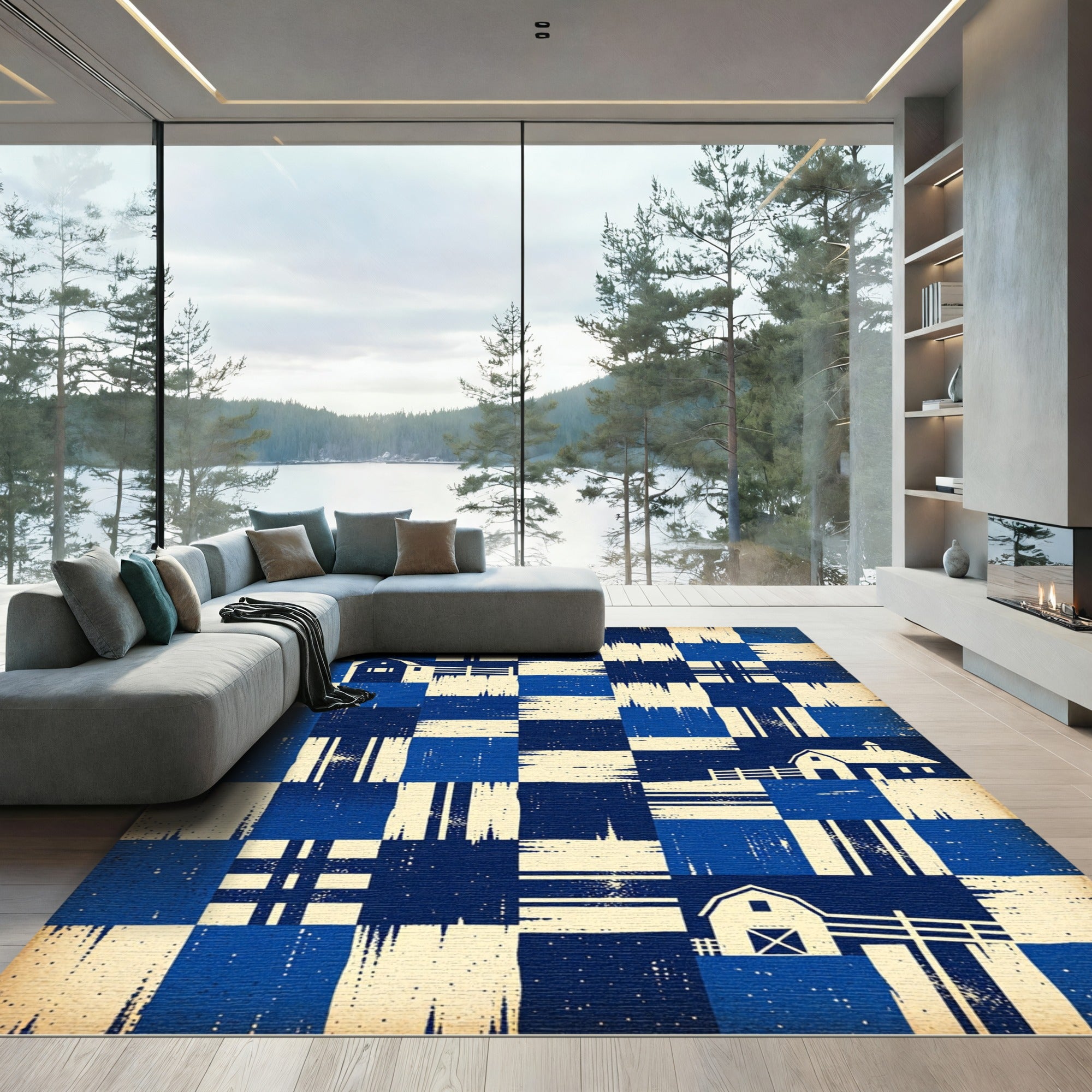 Blue Farmhouse Quilt Checkered Harmony Rug