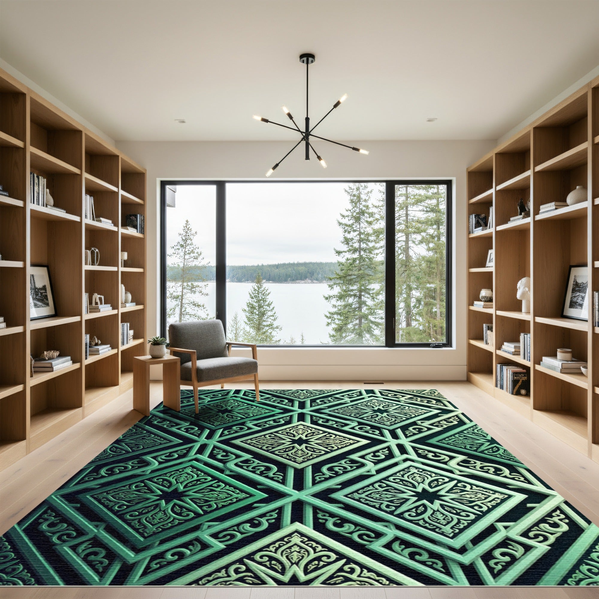 Emerald Geometric Star Lattice Medallion Rug