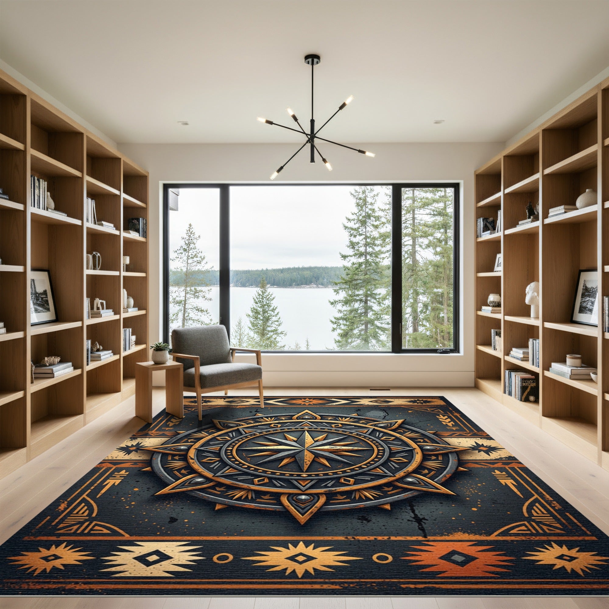 Golden Sun Compass Celestial Slate Art Rug