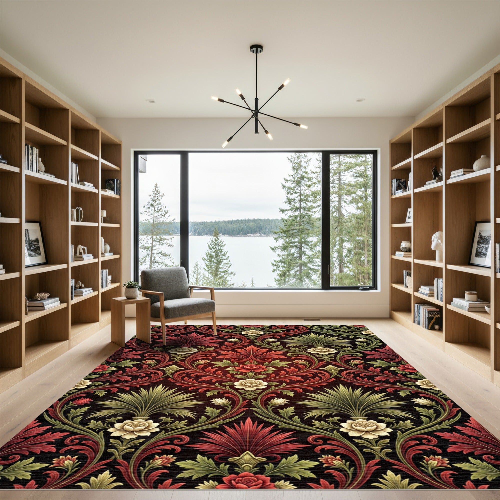 Crimson Gold Floral Vine Scroll Rug