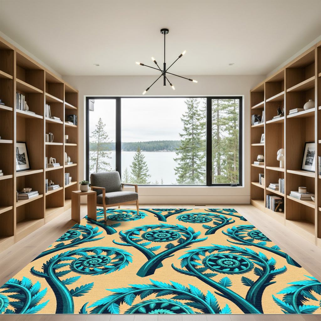 Teal Fern Frond Swirl Rug