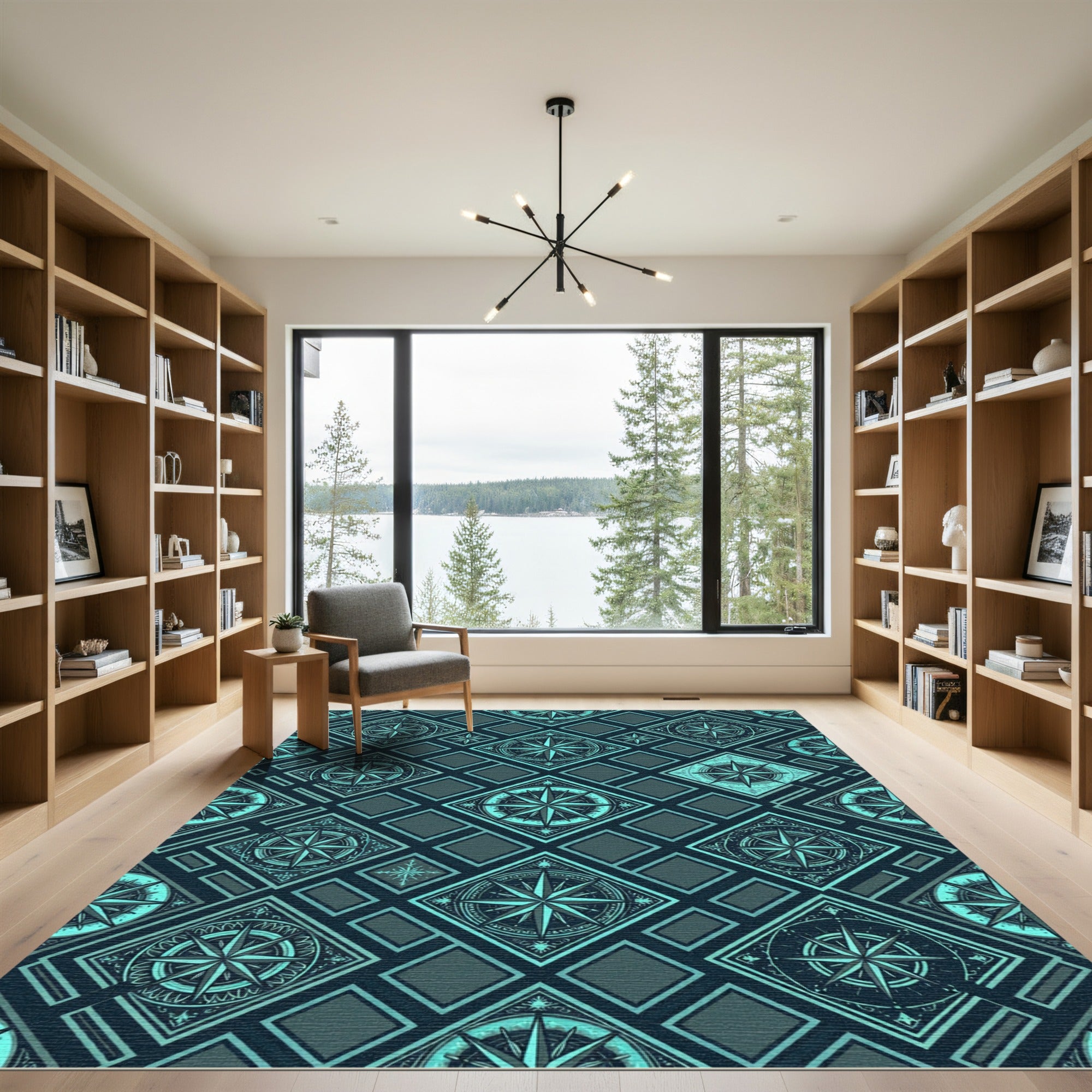 Teal Compass Geometric Nautical Tile Rug