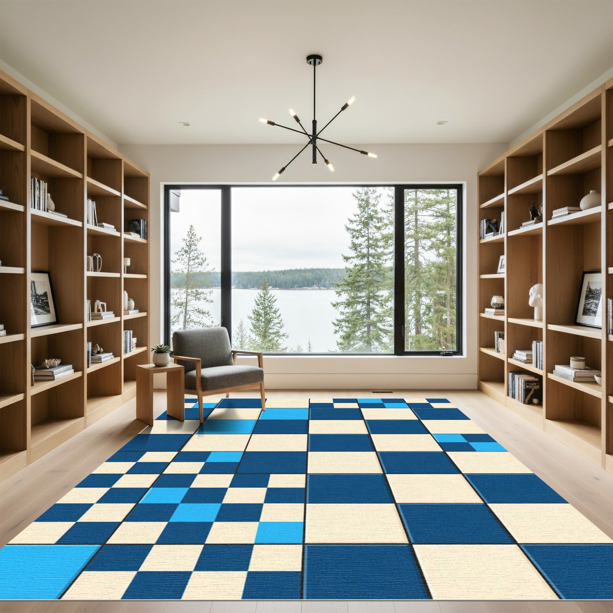 Modern Blue Geometric Abstract Checkered Rug