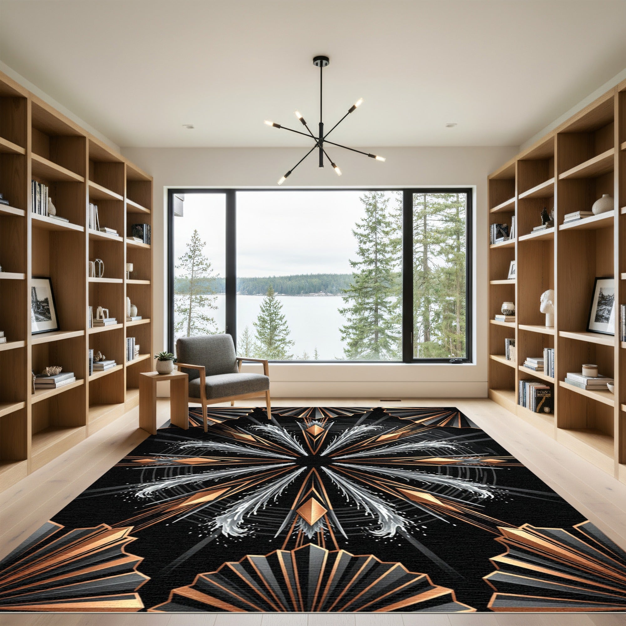 Art Deco Gold Geometric Obsidian Fan Rug