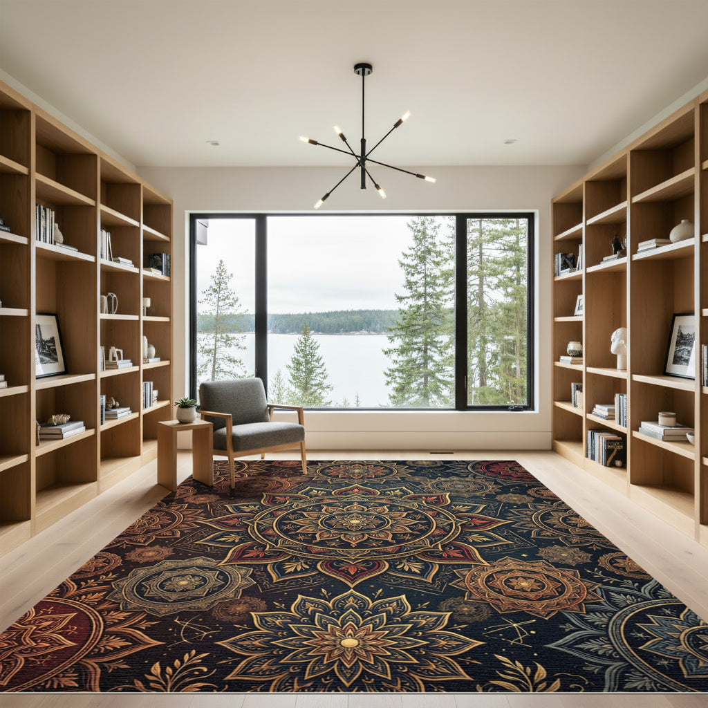 Ornate Navy and Gold Mandala Medallion Rug