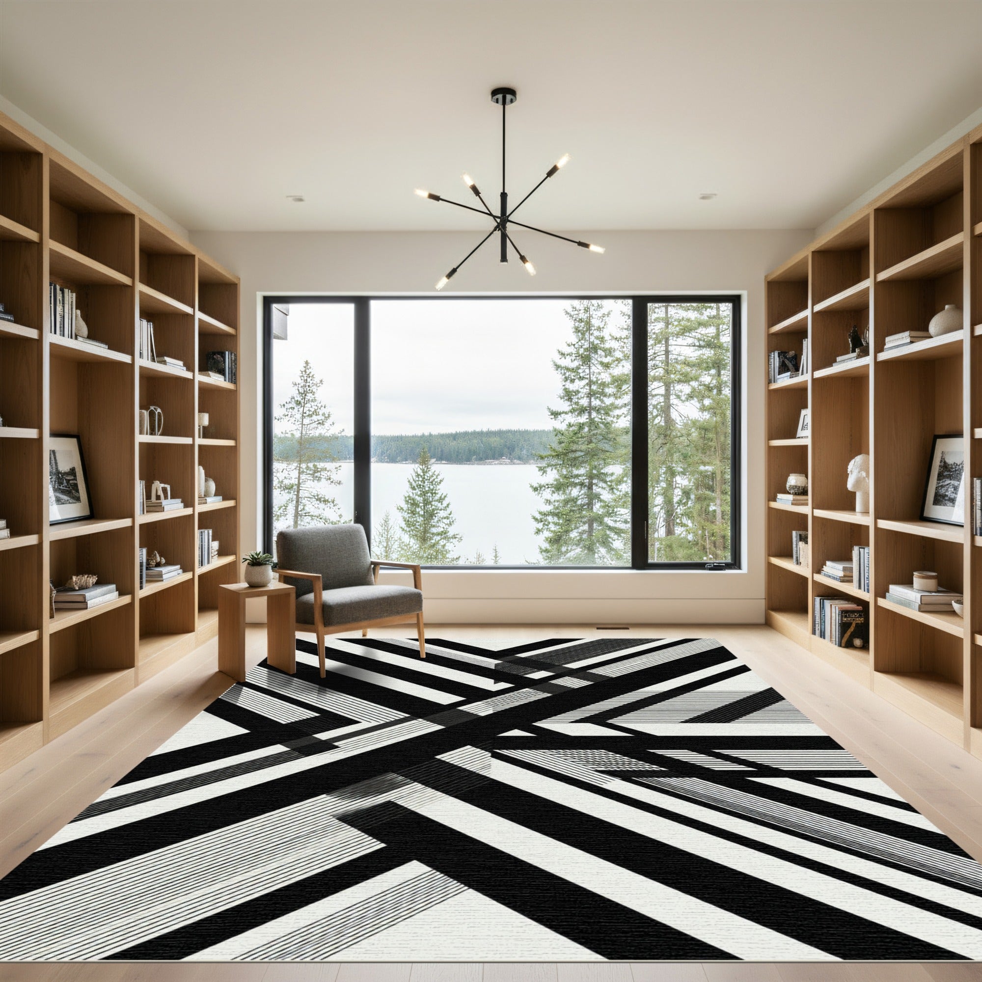 Monochrome Geometric Intersecting Linear Art Rug
