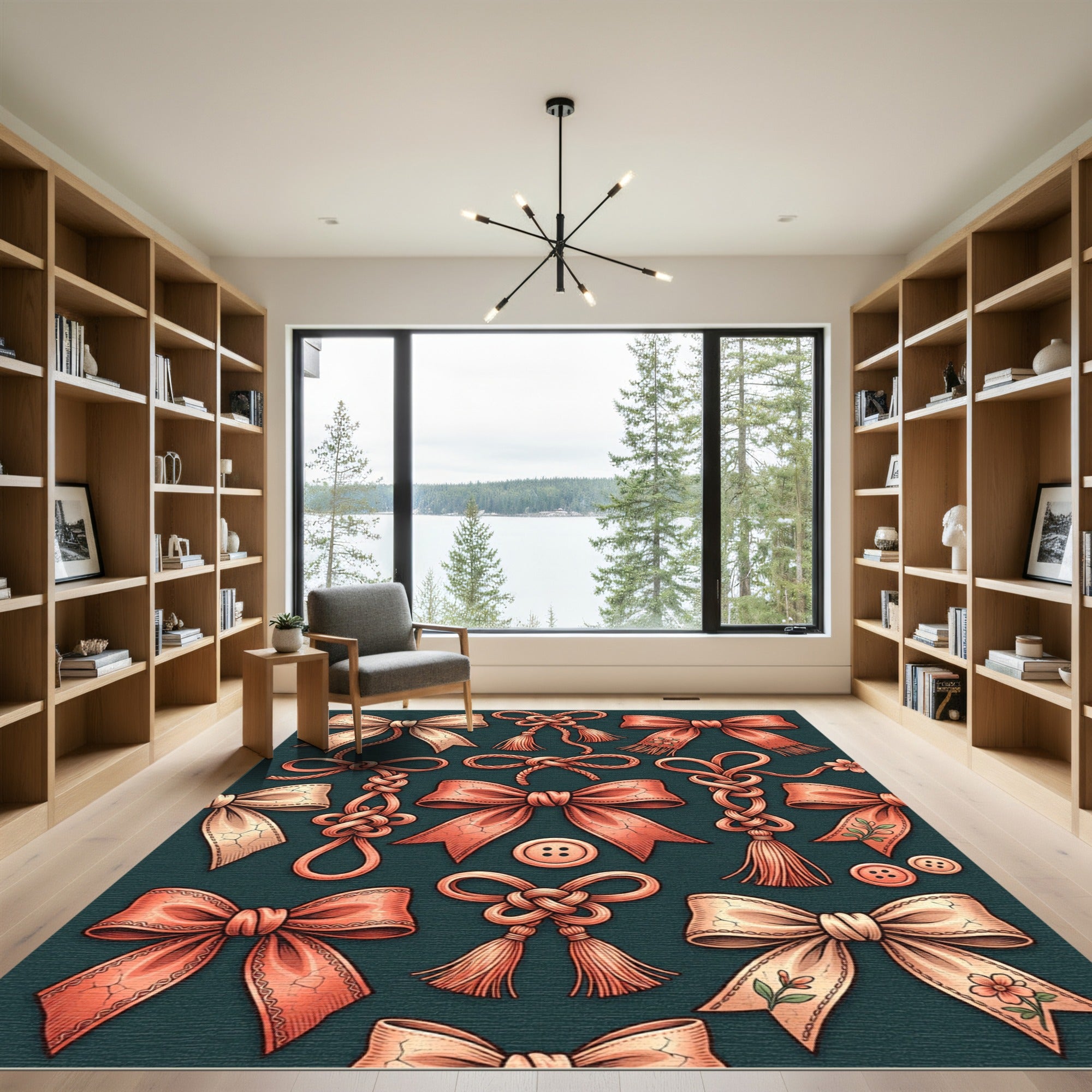 Coral Ribbon Knot and Button Illustration Rug