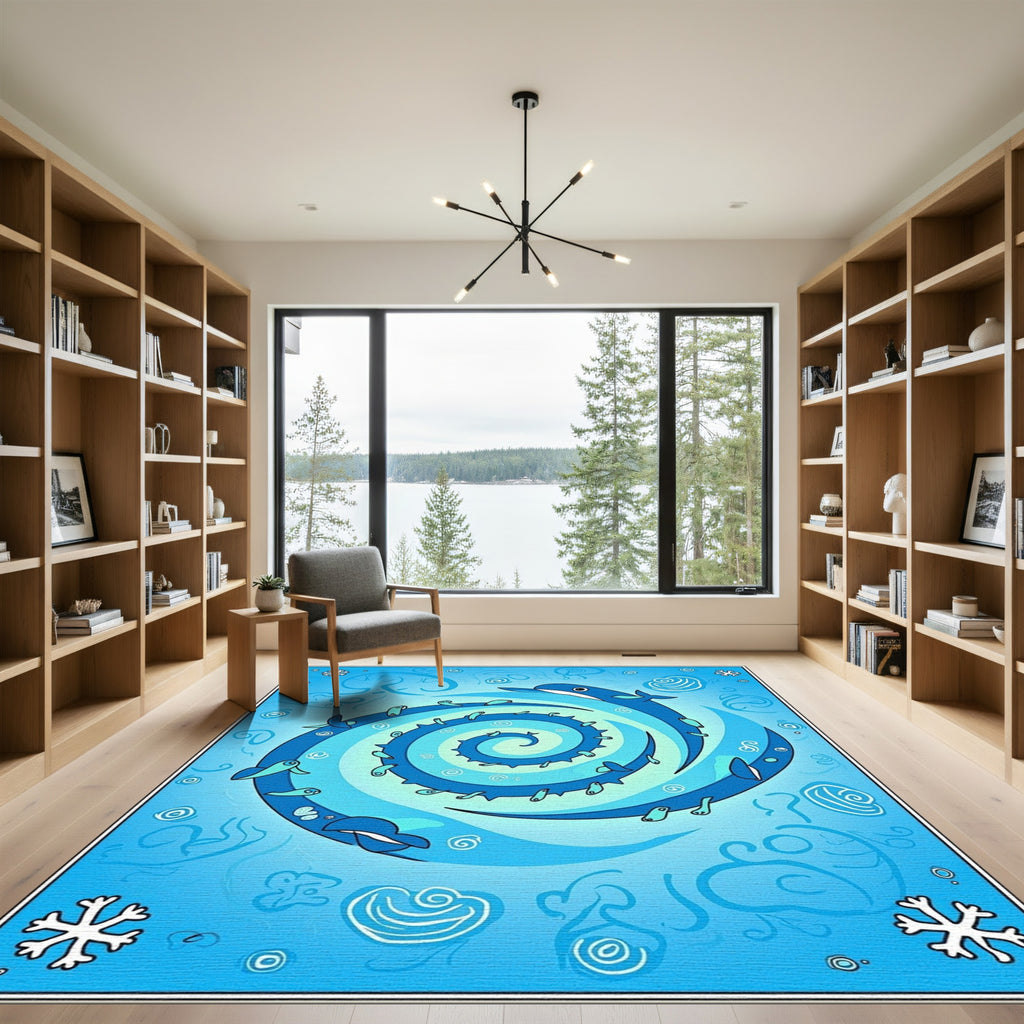 Whimsical Blue Whale Spiral Swirl Rug