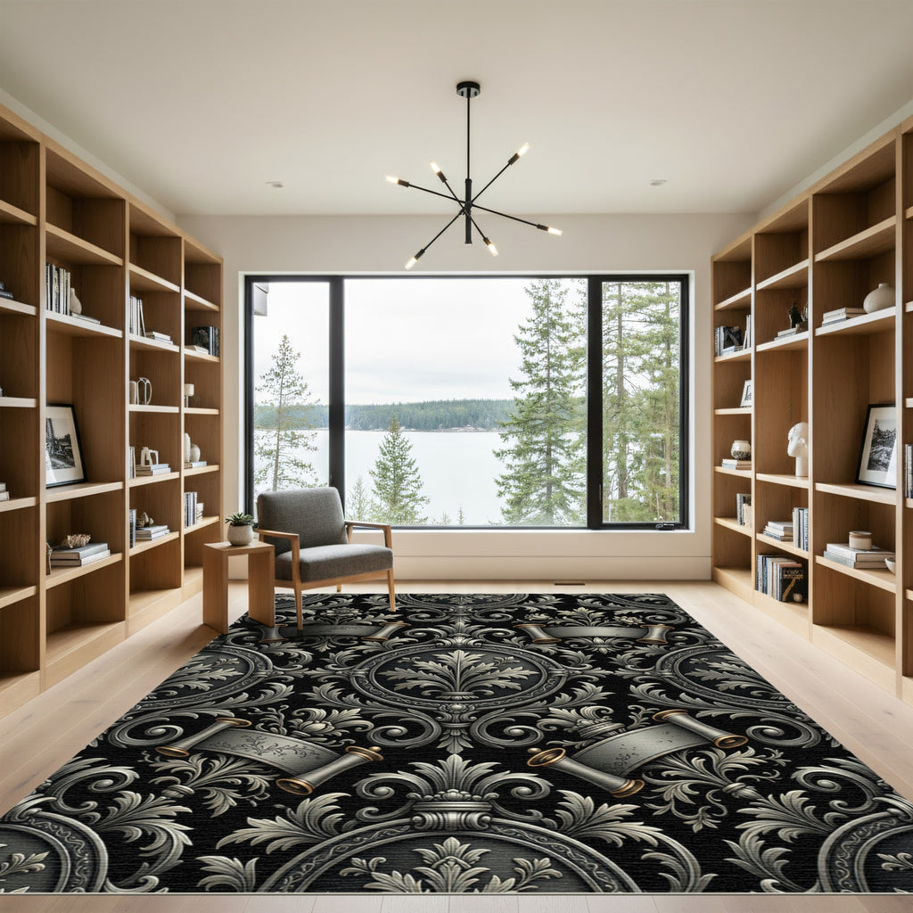 Ornate Silver Scroll Foliage Rug