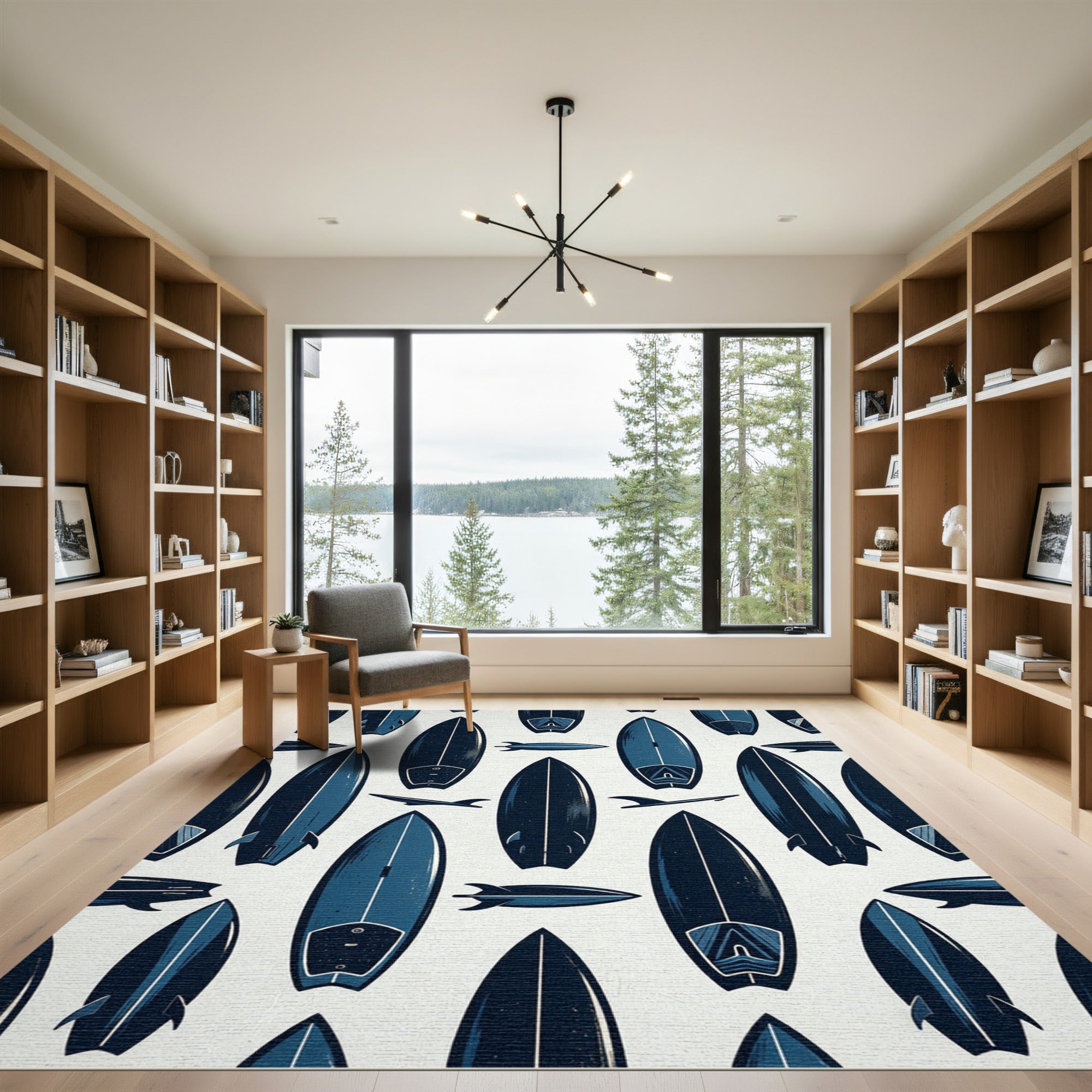 Minimalist Navy Blue Surfboard Illustration Rug