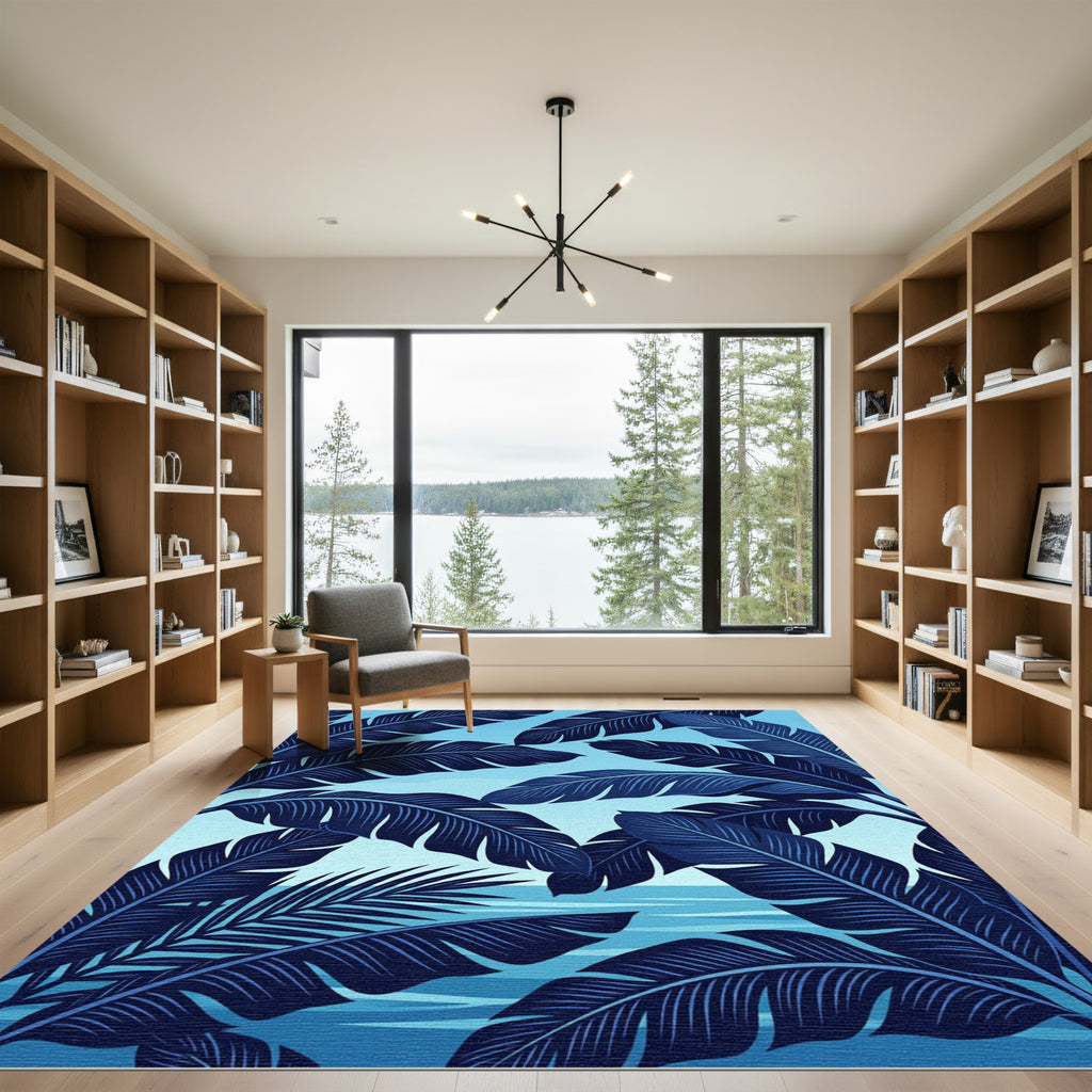 Deep Blue Tropical Leaf Water Vista Rug