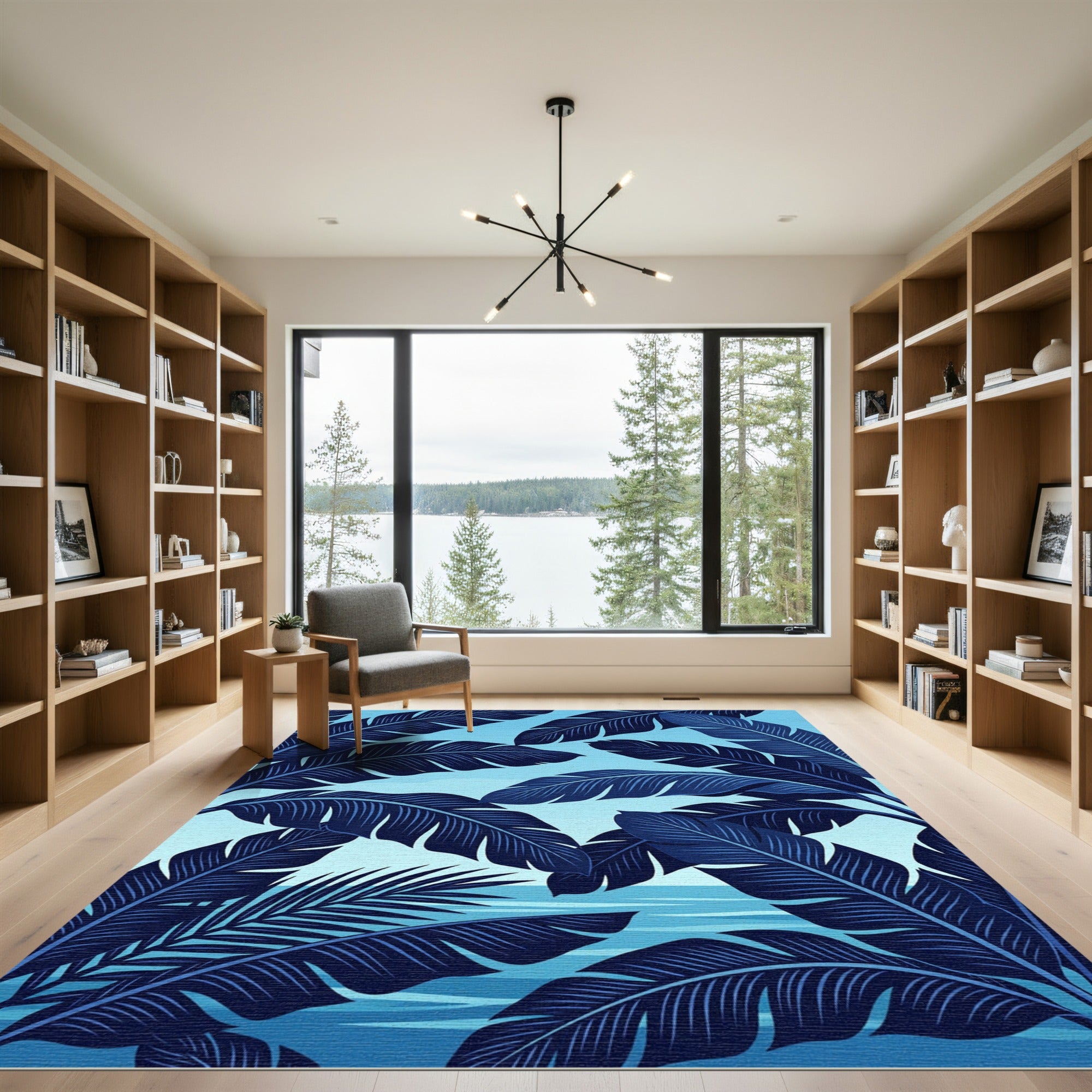 Deep Blue Tropical Leaf Water Vista Rug