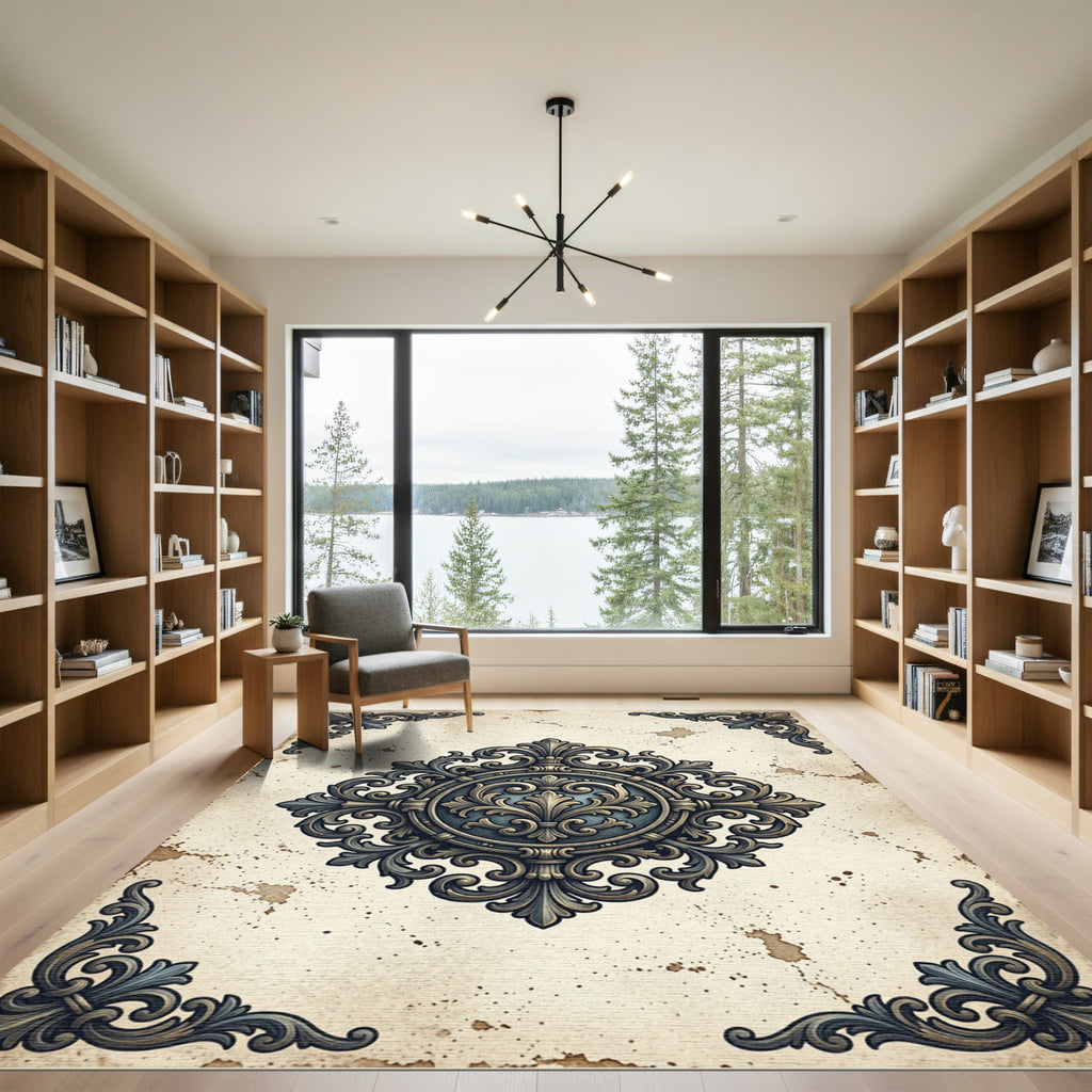 Ornate Bronze Filigree Damask Medallion Rug
