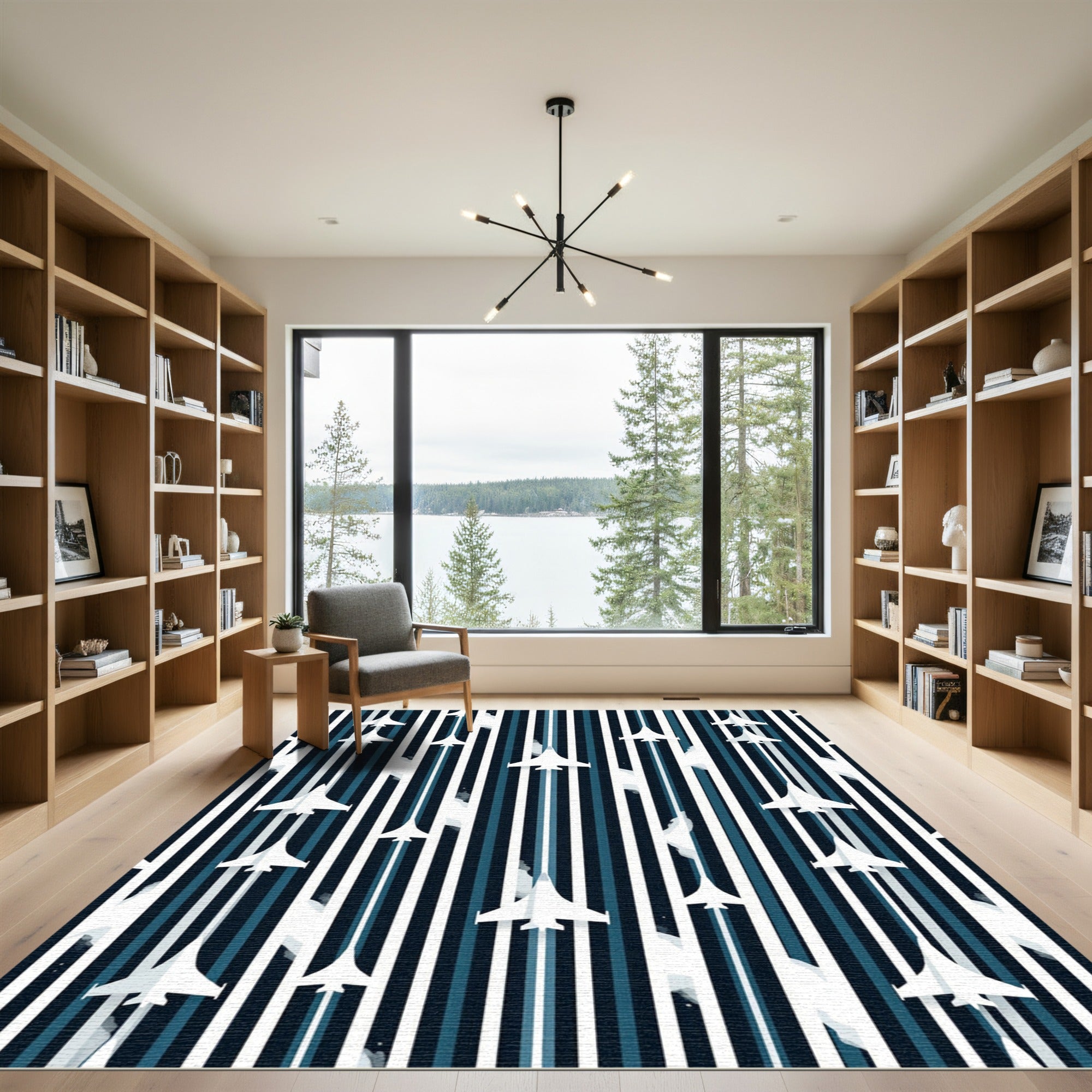 Minimalist Navy Stripe Aerial Fighter Jet Rug