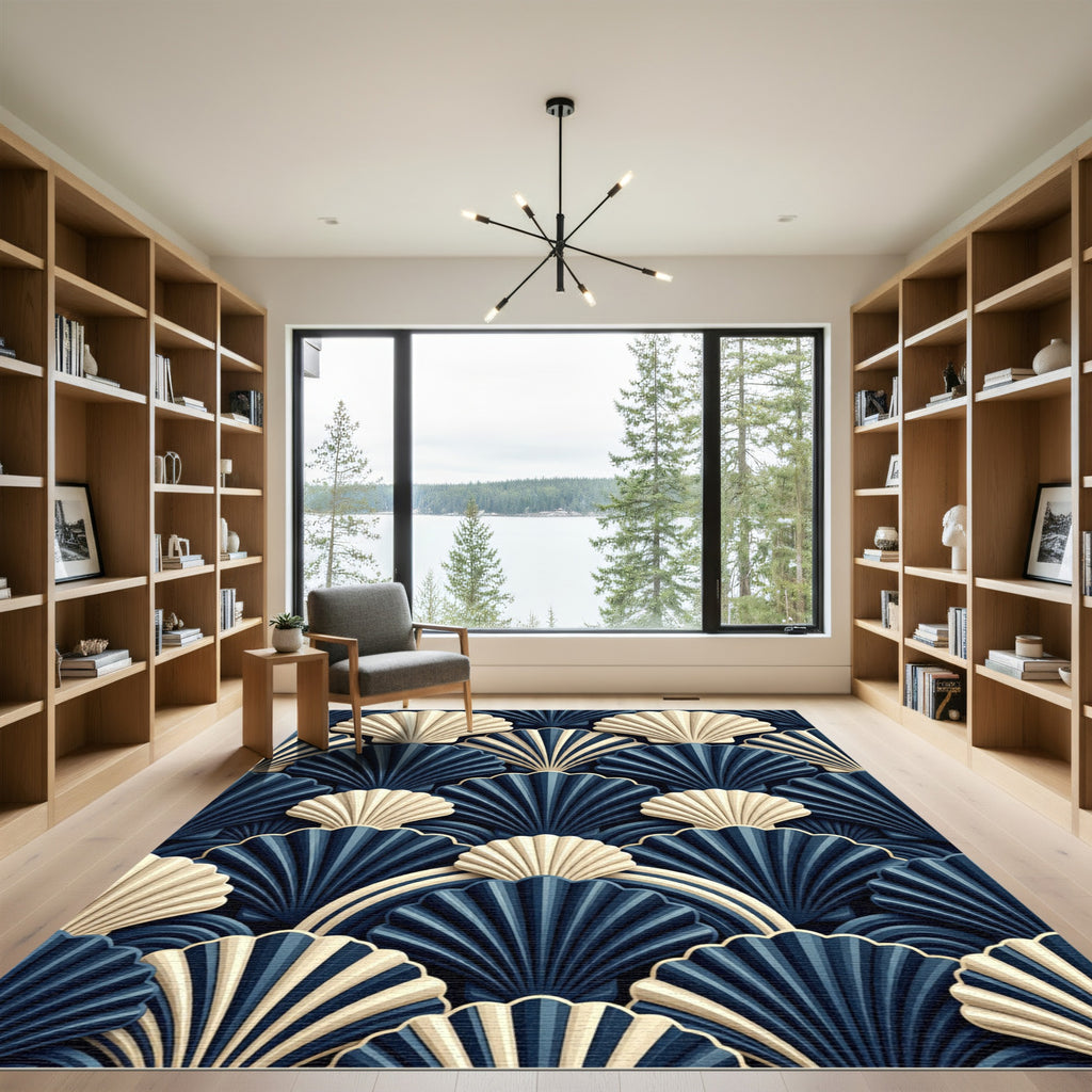 Art Deco Navy Cream Shell Wave Rug