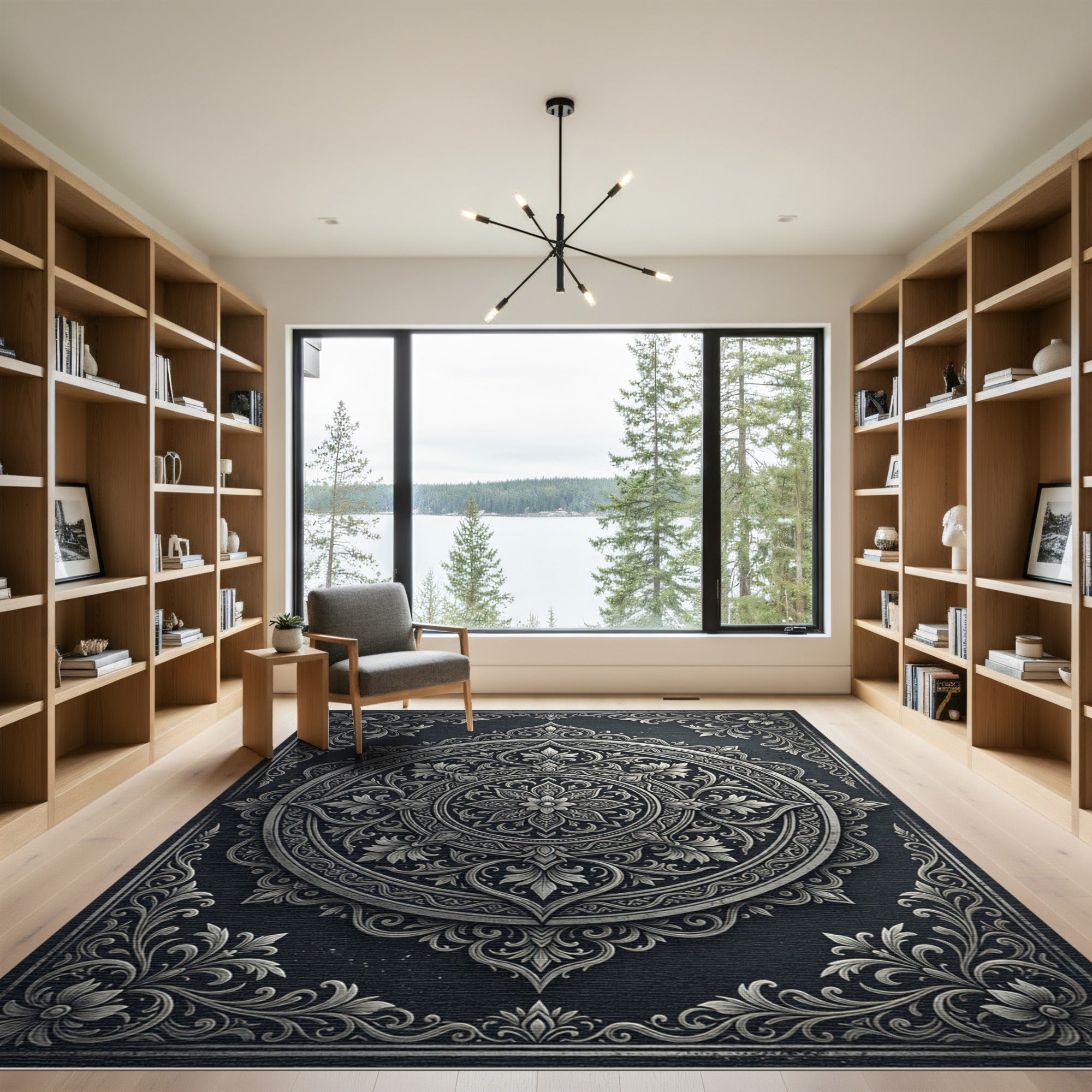 Ornate Silver Floral Mandala Charcoal Rug