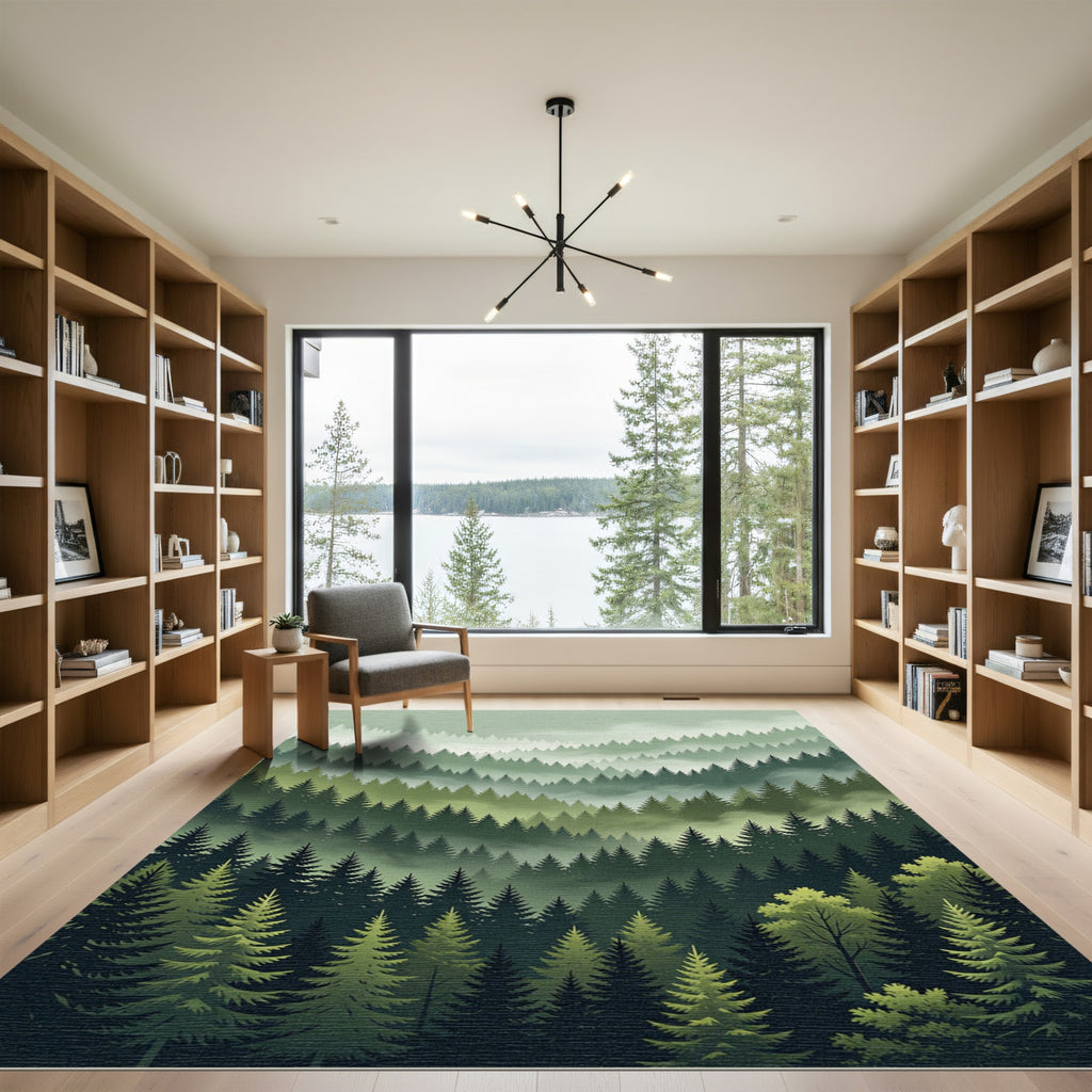 Misty Evergreen Forest Scene Rug