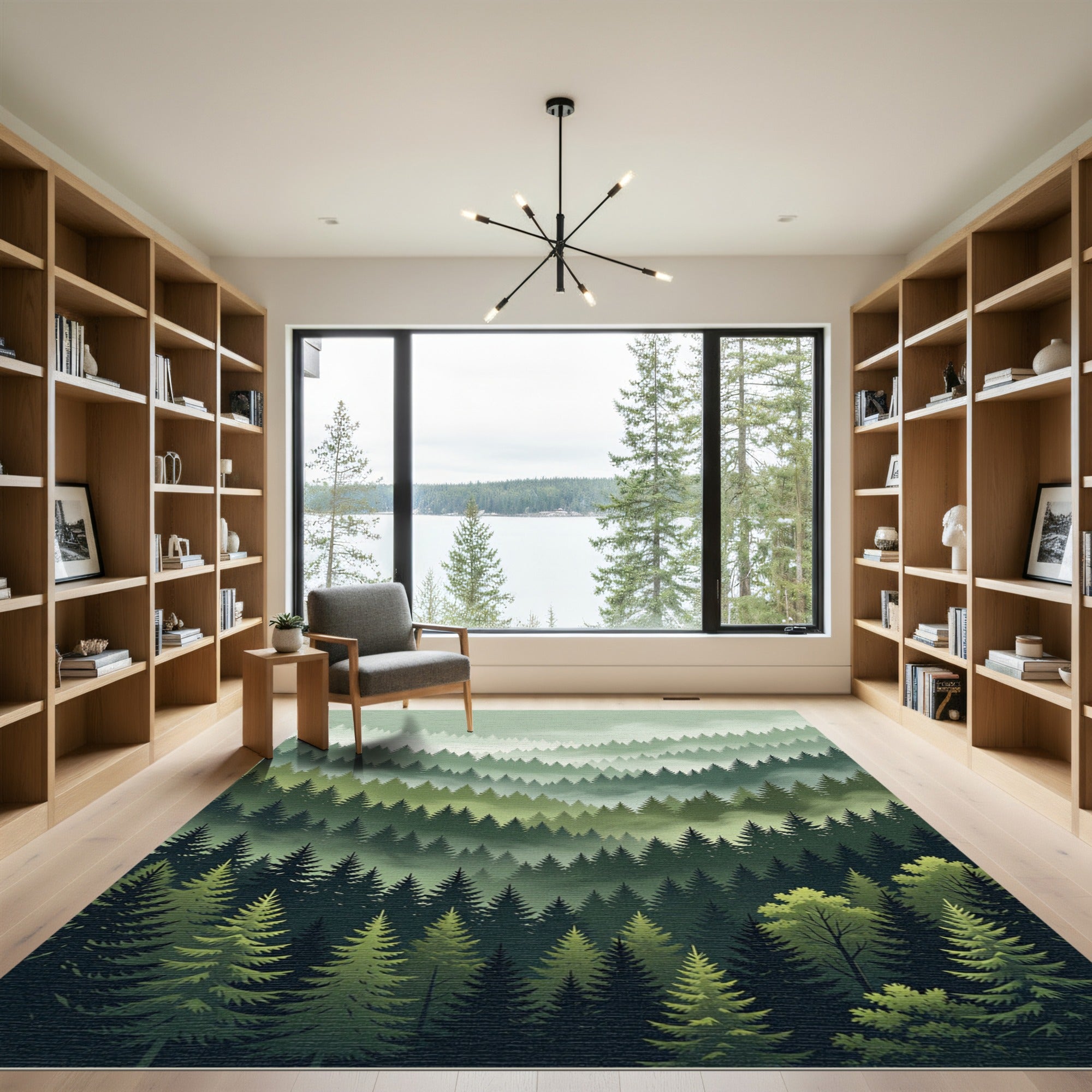 Misty Evergreen Forest Scene Rug