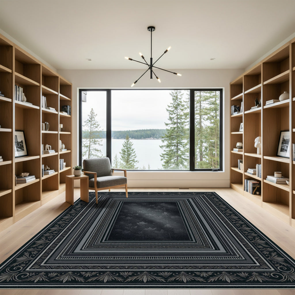 Dark Gray Floral Bordered Rectangles Rug