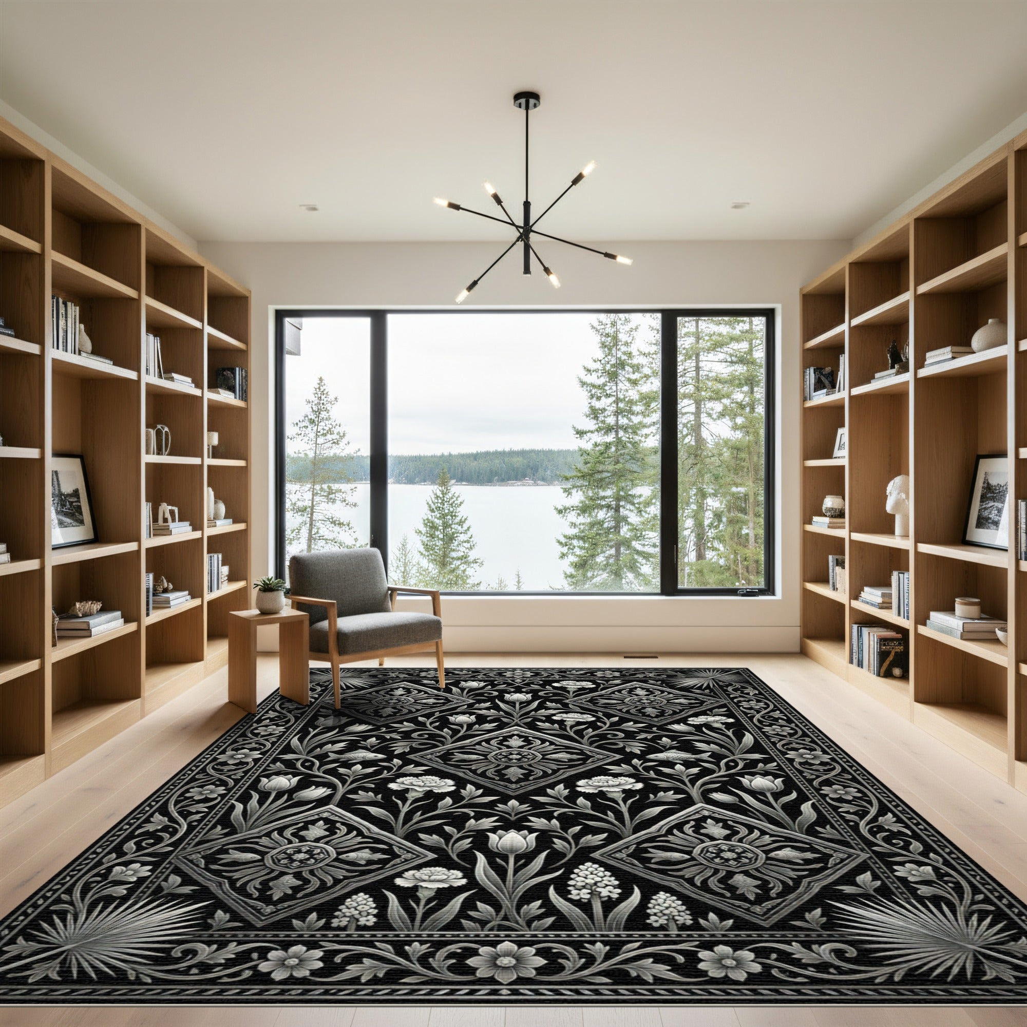 Monochromatic Floral Diamond Fish Art Rug