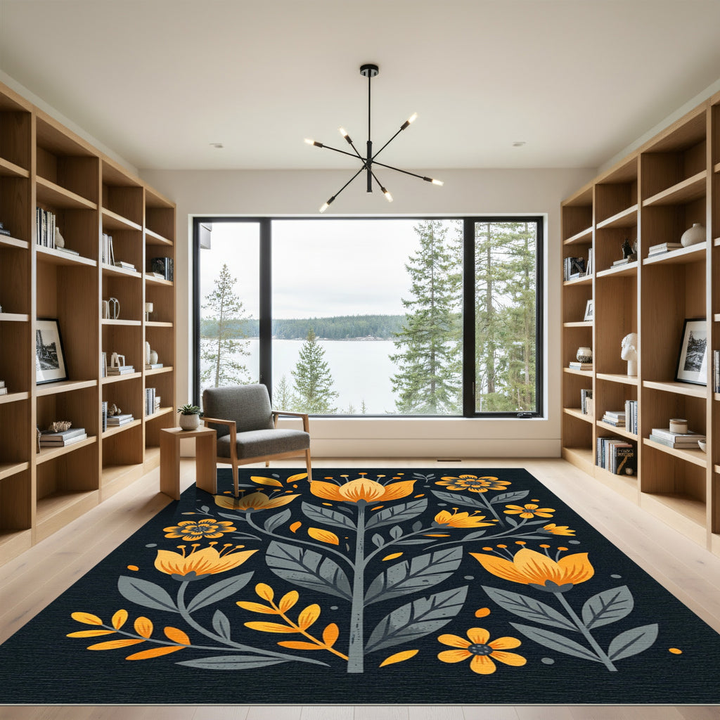 Modern Golden Floral Botanical Illustration Rug