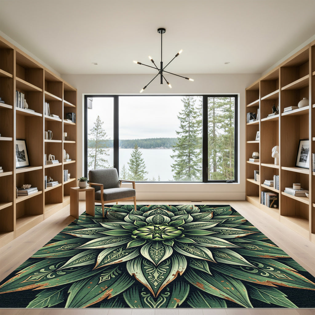 Embroidered Emerald Leaf Botanical Mandala Rug