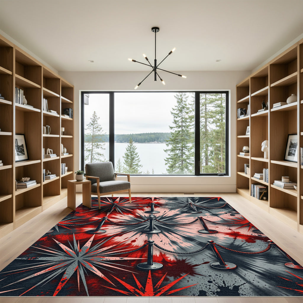 Red Black Starburst Tie Dye Rug