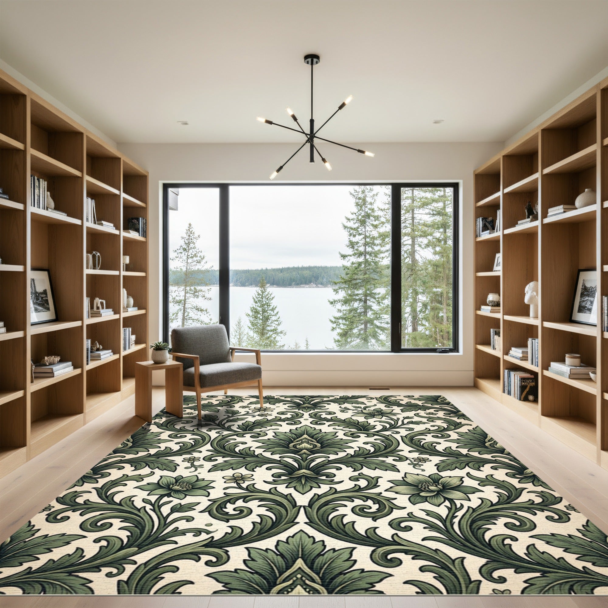 Vintage Sage Green Damask Scroll Garden Rug