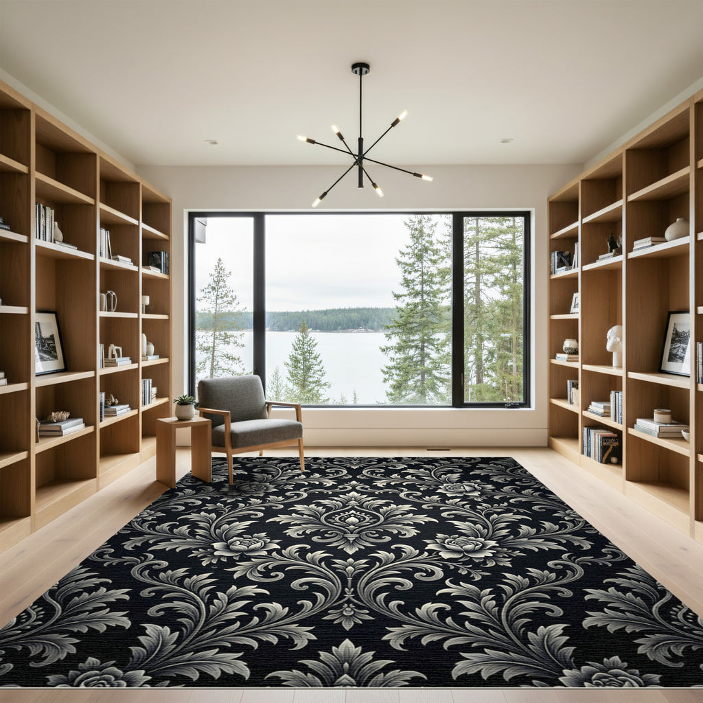 Classic Black Floral Scroll Rug