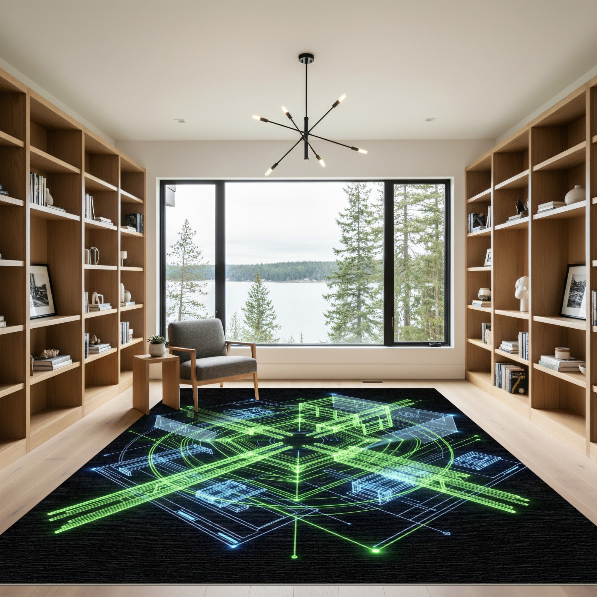 Cyber Neon Geometric Blueprint Grid Rug