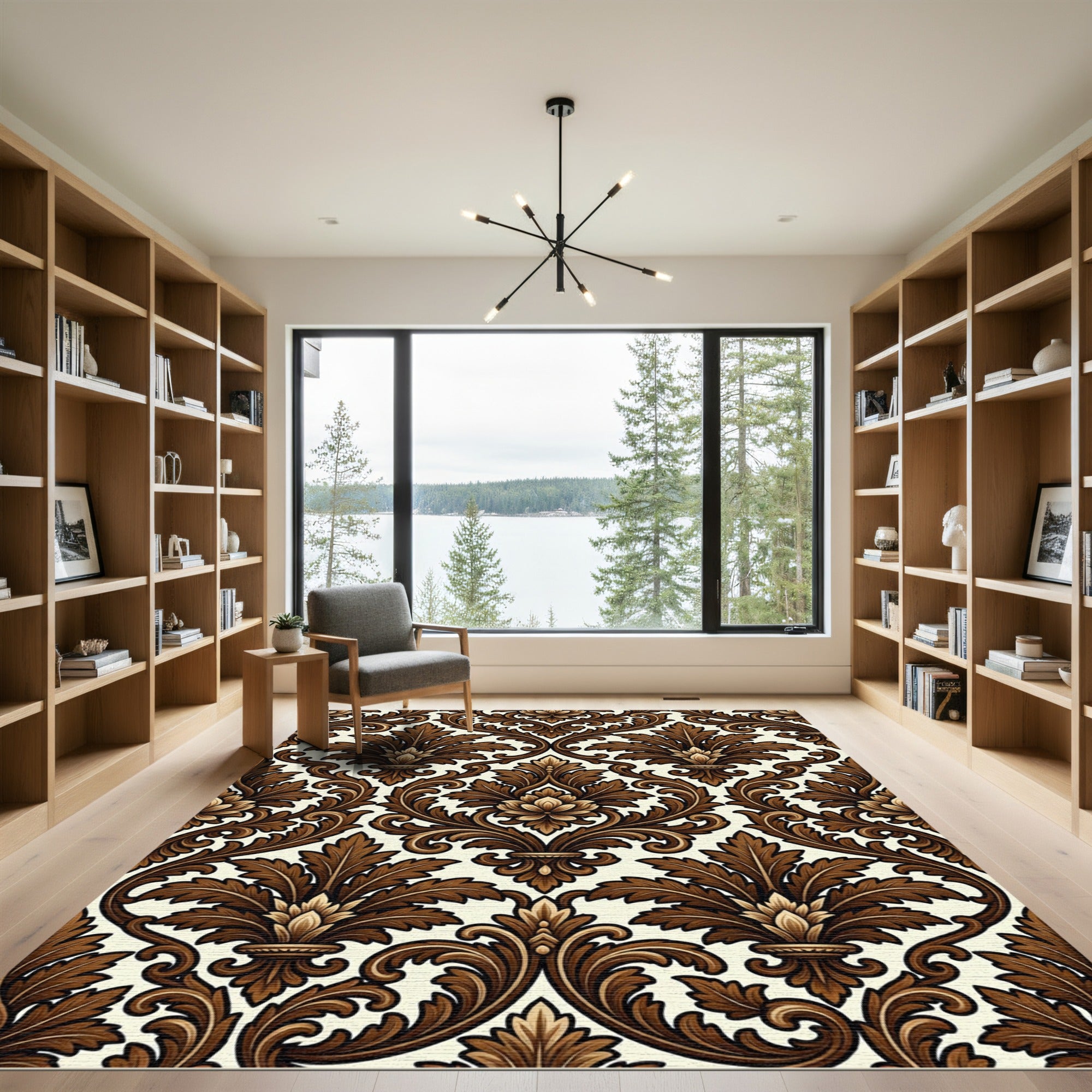 Elegant Brown Damask Scroll Ornate Rug