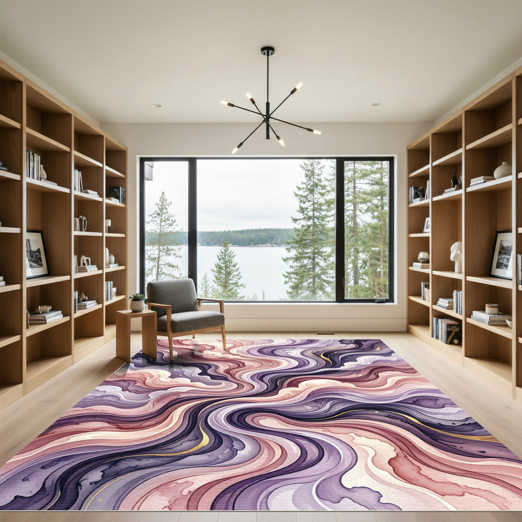 Abstract Fluid Swirls in Mauve and Gold Rug