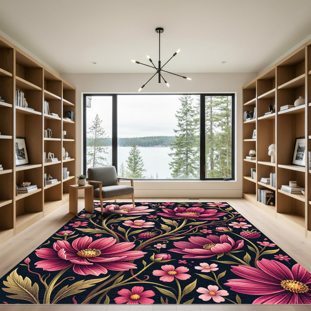 Elegant Pink Cosmos Berry Botanical Art Rug