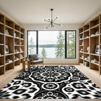 Monochromatic Black White Floral Medallion Rug