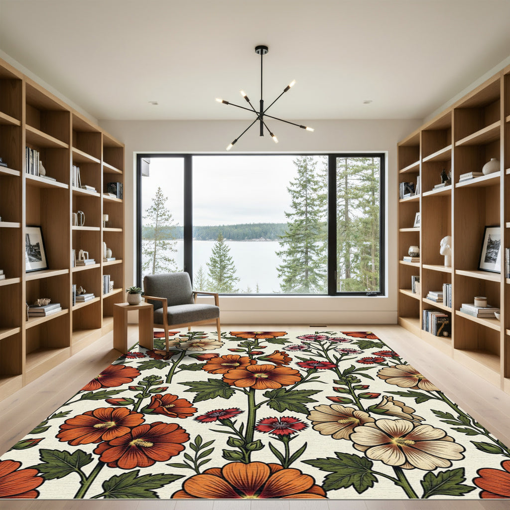 Botanical Orange Floral Garden Meadow Rug