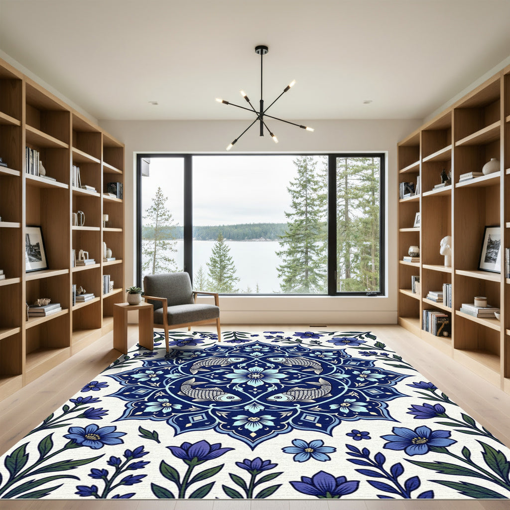 Navy Blue Fish Floral Medallion Rug