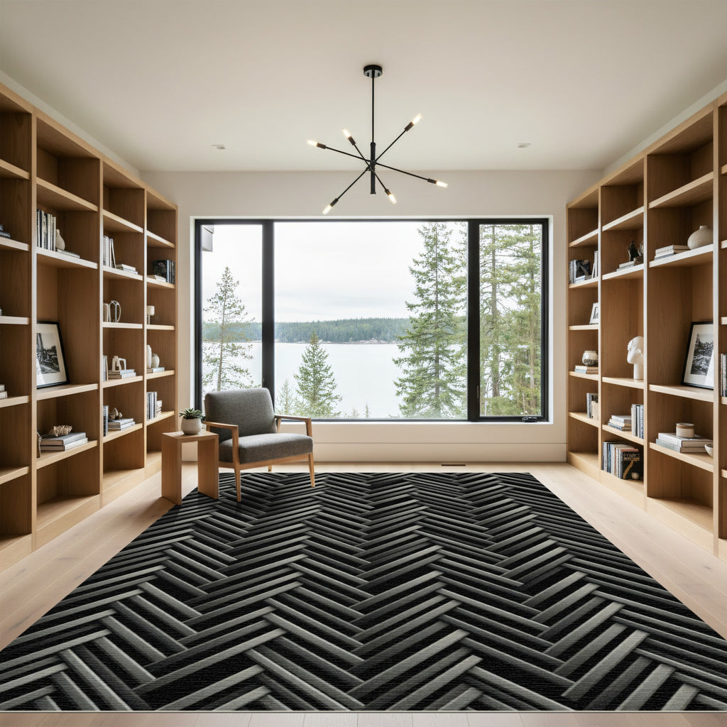 Charcoal Herringbone Weave Geometric Texture Rug