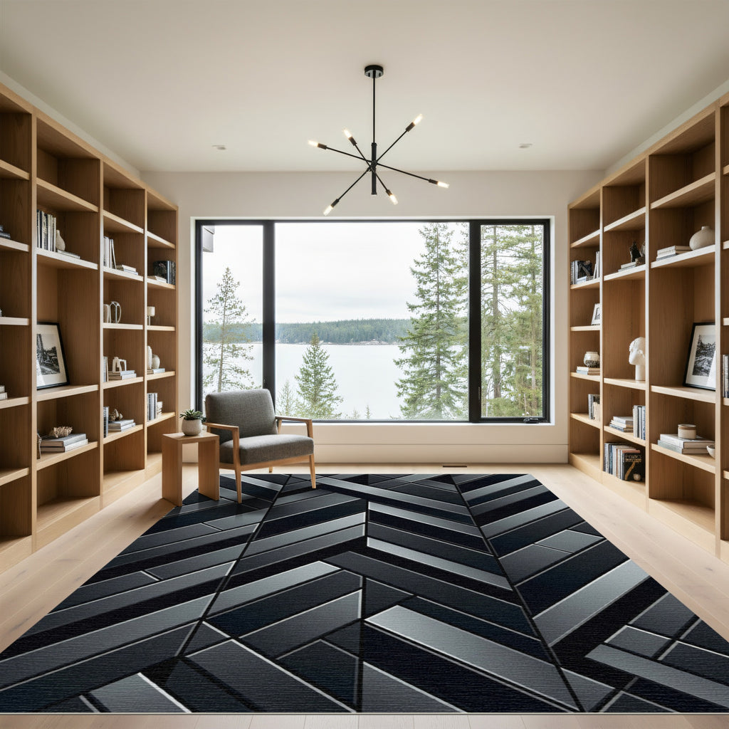Dark Gray Geometric Interlocking Chevron Rug