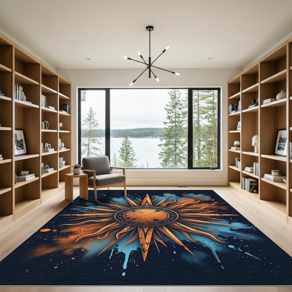 Celestial Copper Sunburst Navy Abstract Rug