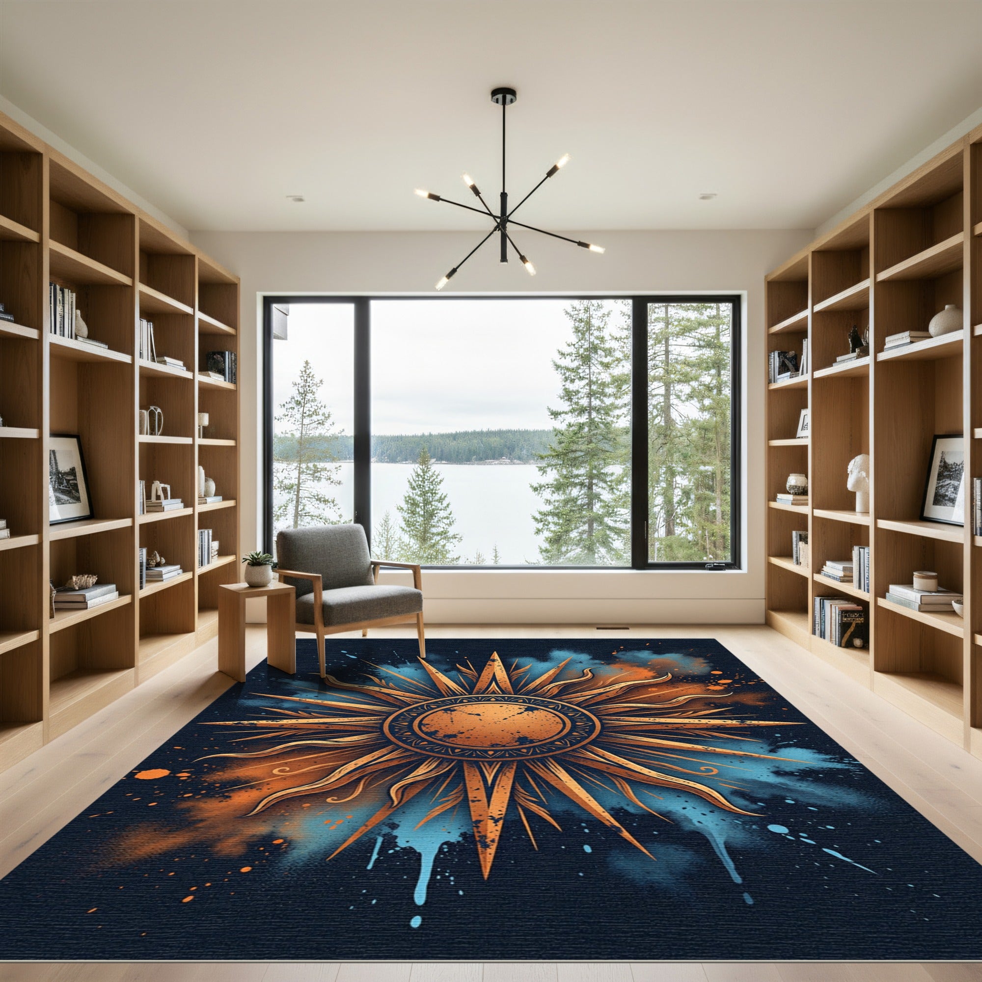 Celestial Copper Sunburst Navy Abstract Rug