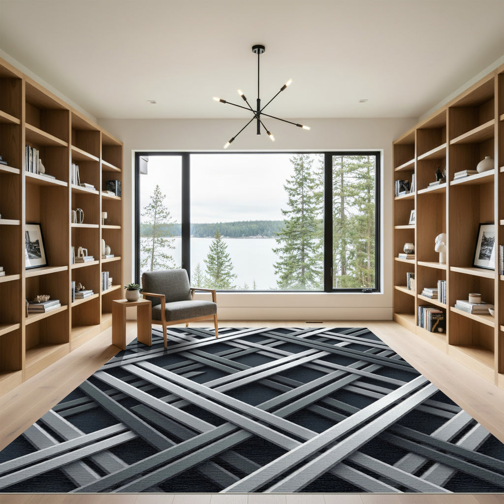 Modern Linear Metallic Crosshatch Gray Rug