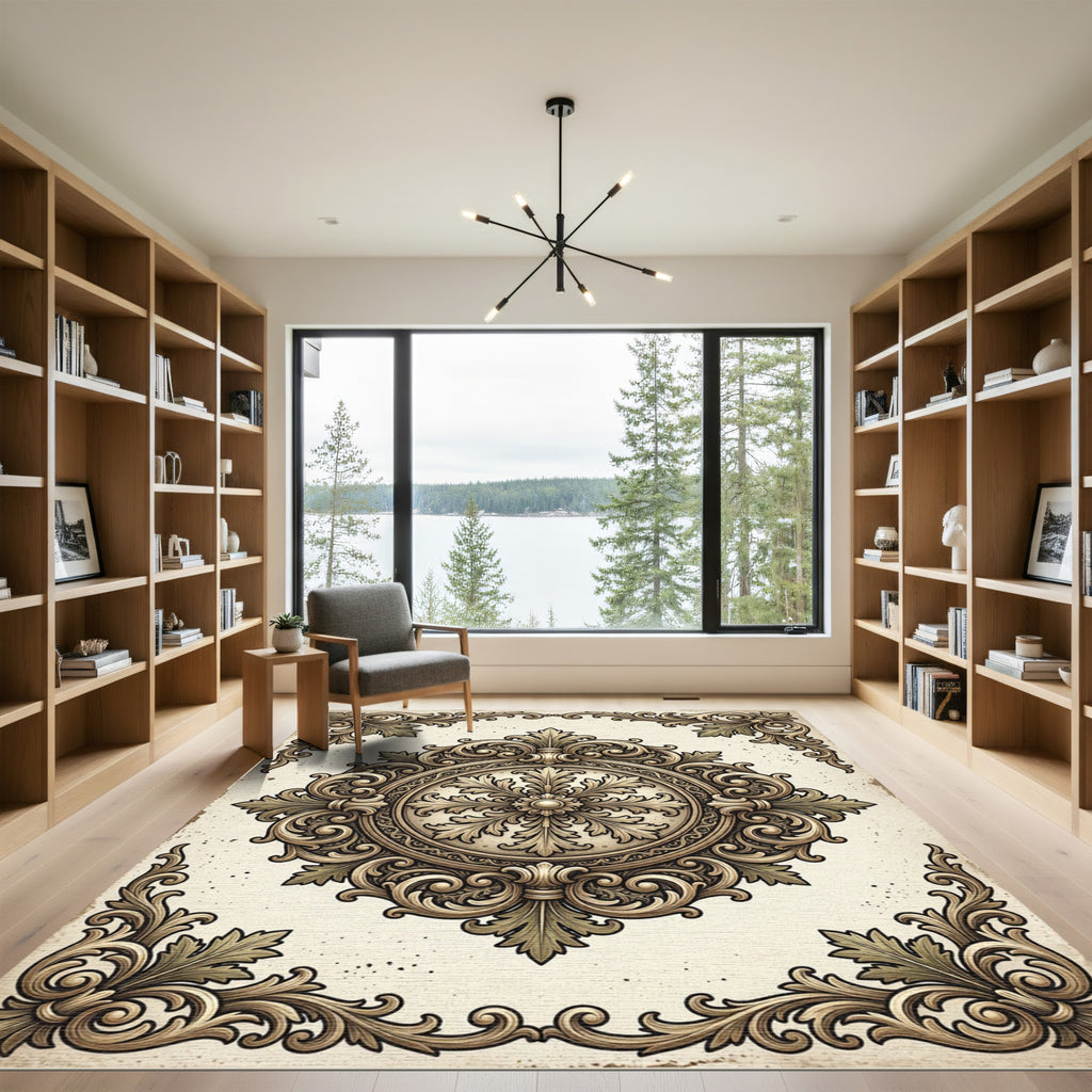 Ornate Beige Baroque Floral Medallion Rug