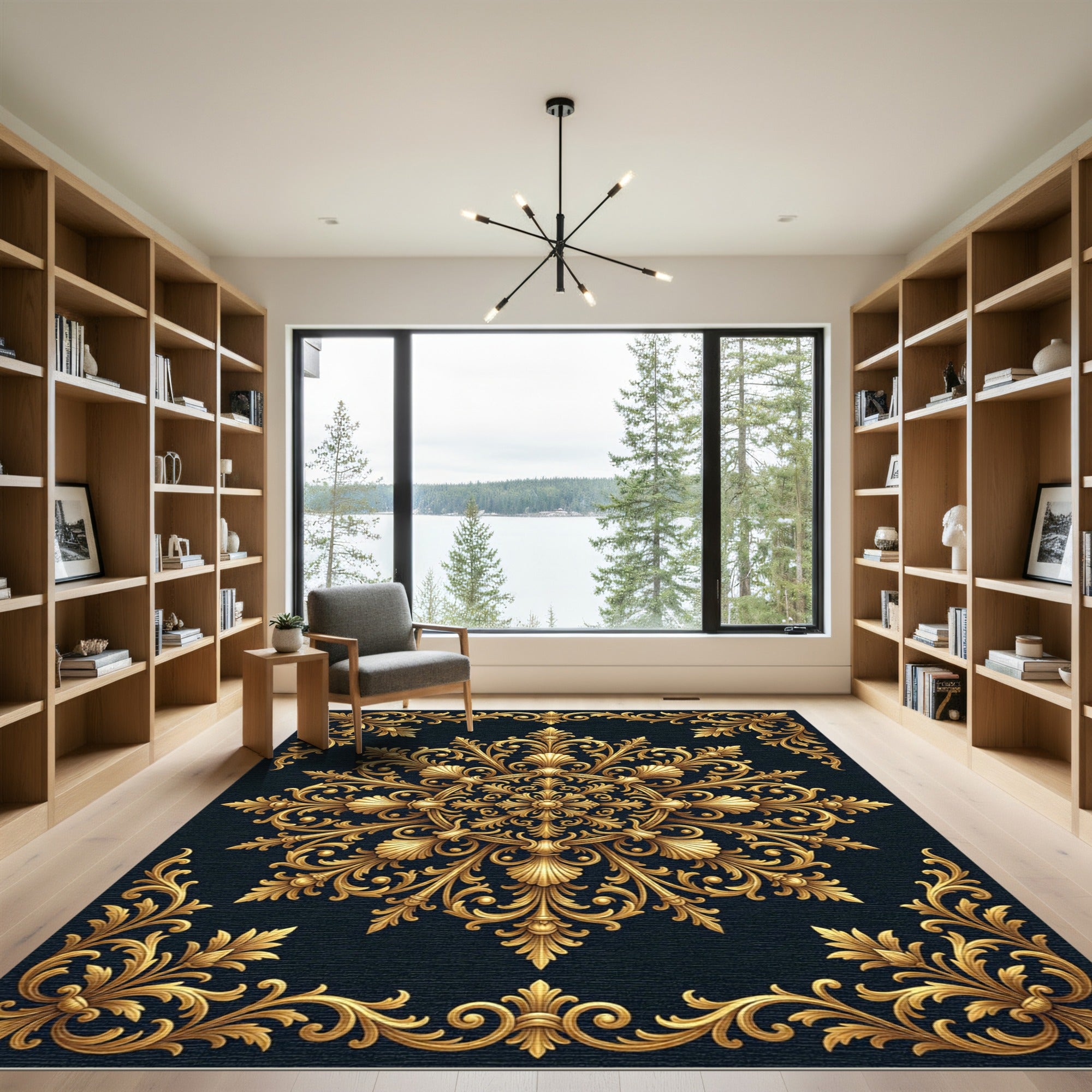 Ornate Gold Baroque Medallion Accents Rug