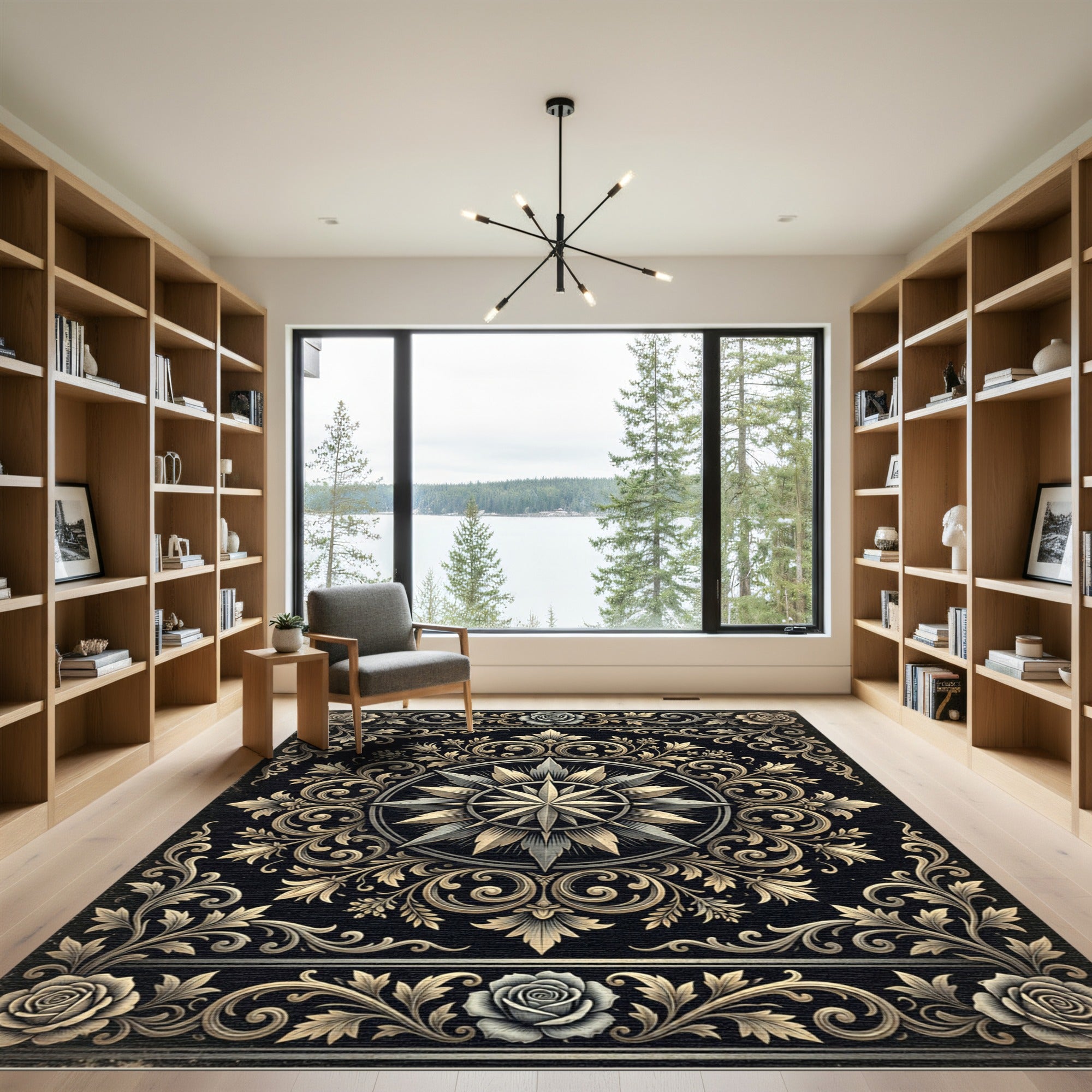 Elegant Gold Floral Compass Medallion Rug