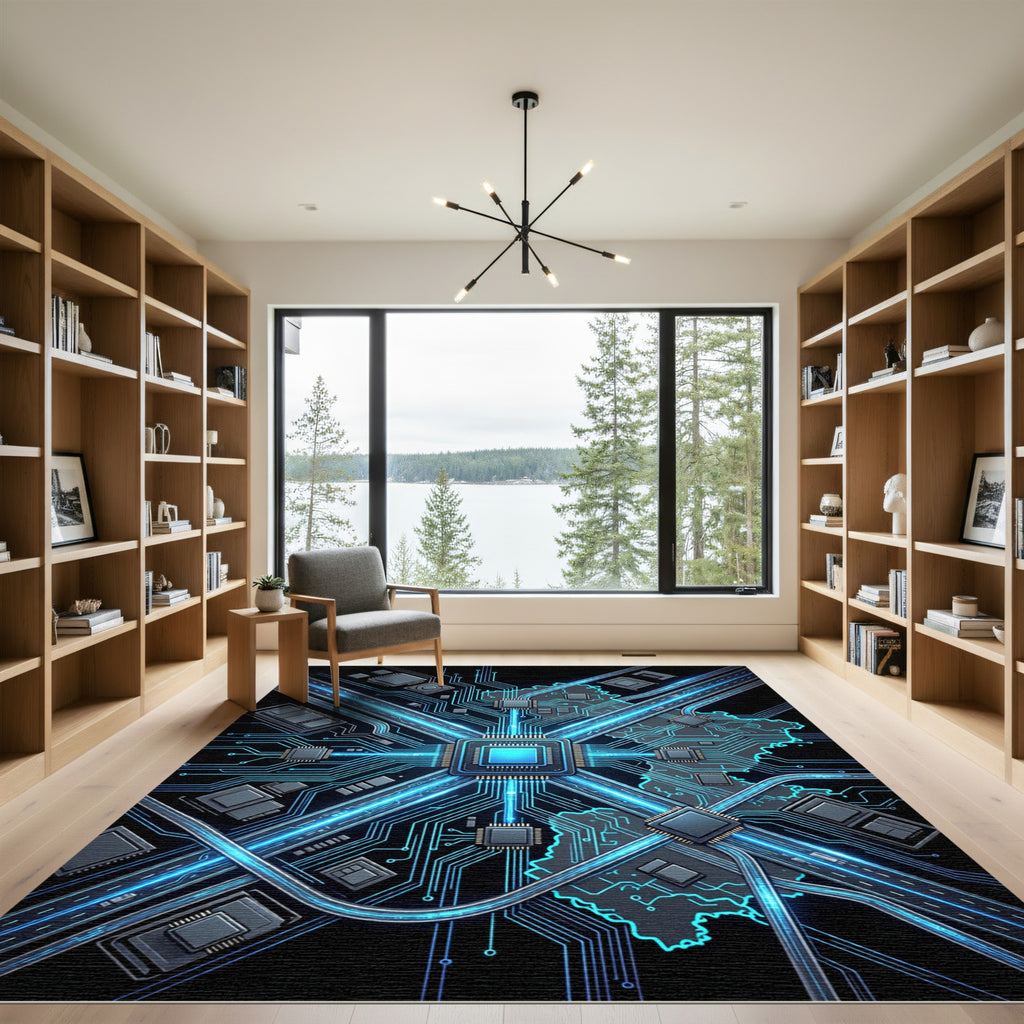 Cyber Circuit Blue Neon Grid Rug