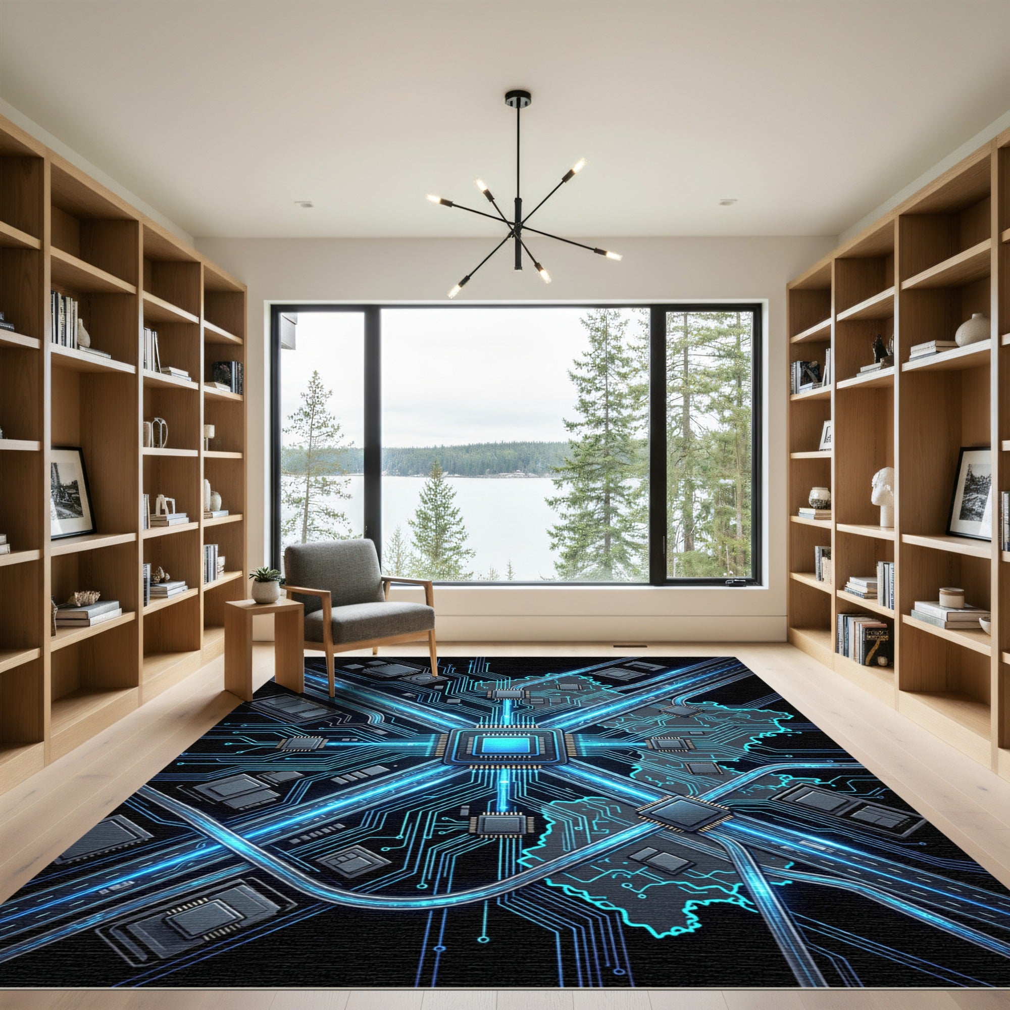 Cyber Circuit Blue Neon Grid Rug
