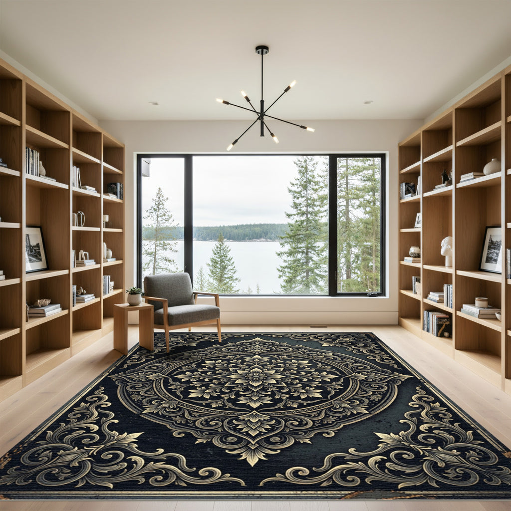 Ornate Gold Floral Black Medallion Rug