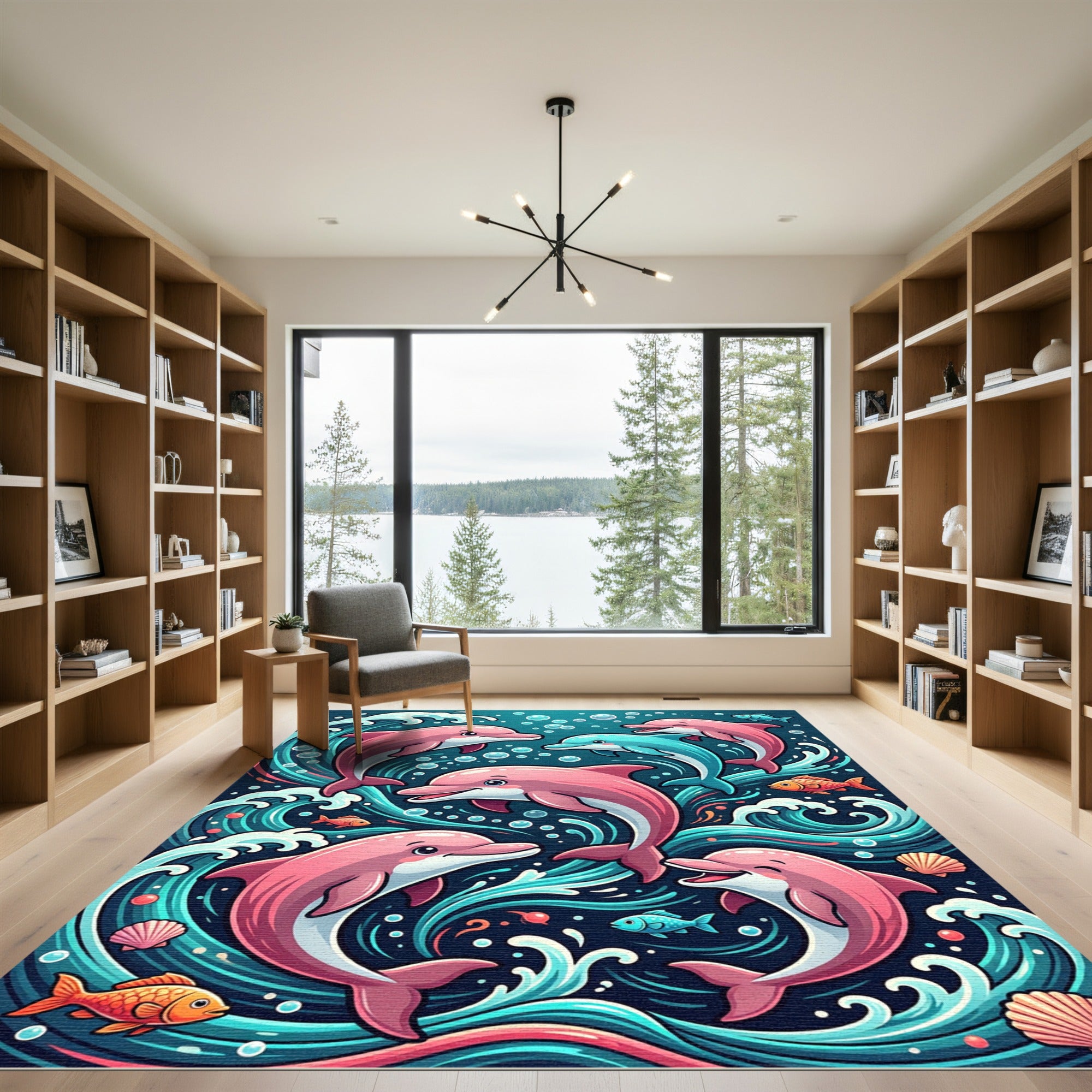 Whimsical Pink Dolphin Ocean Wave Art Rug
