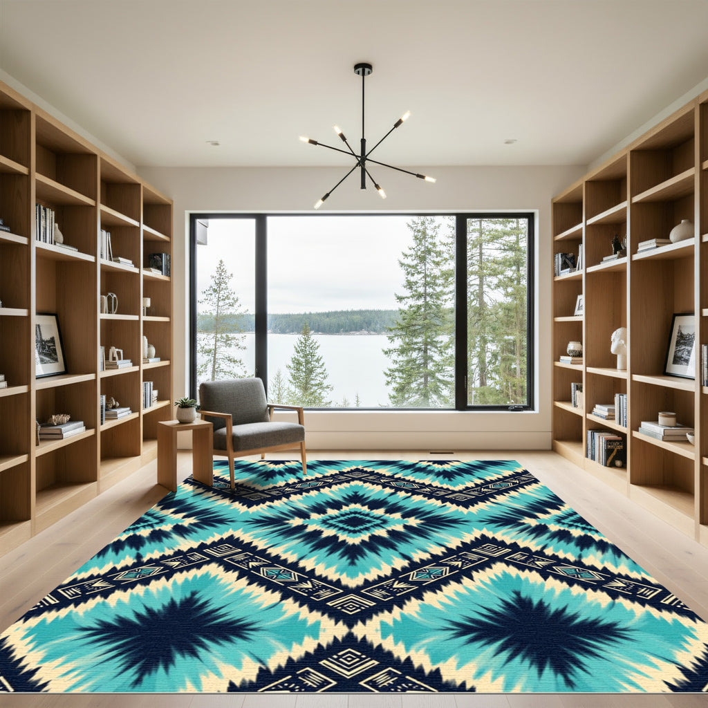 Teal and Navy Ikat Diamond Chevron Rug