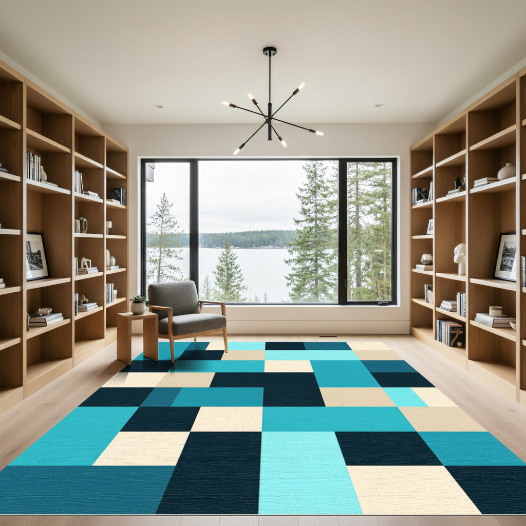 Aqua Blue Geometric Block Rug